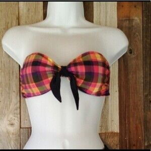 𝅺ISAAC Mizrahi vintage style Pink blue Plaid Bikini Bandeau top